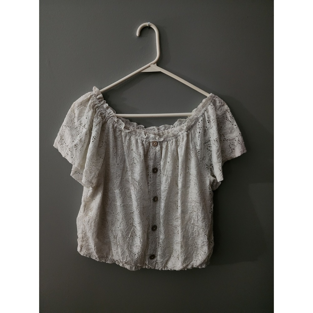 White Floral Lace Off The Shoulder Crop Top Button Front Flutter Sleeve Boho